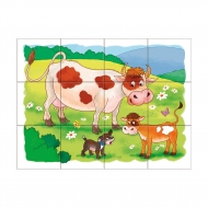 12 Holz Bilder Würfel mit lustig gemalten Tieren vom Bauernhof