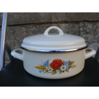 Topf 20cm Emailliert Flach mit hohem Deckel  und Blumenmotiv