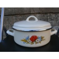 Topf 20cm Emailliert Flach mit hohem Deckel  und Blumenmotiv