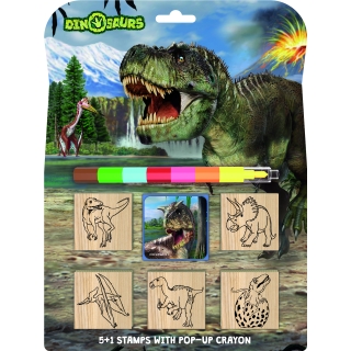 5 Holzstempel mit Stempelkissen und 1 Wachs Malstift mit verschiedenen Farben Motiv Dinosaurier