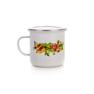 Emaillierter Becher 0,7 l mit Kunststoffdeckel Motiv Gemüse