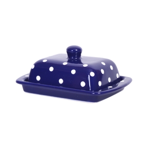 Butterdose Keramik Dunkelblau mit weißen Punkten