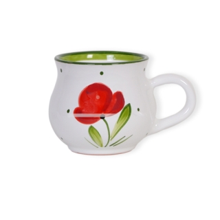 Kleine bauchige Keramikkanne mit Ausguß und Blumendekor