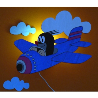 Großes Nachtlicht aus bemalten Holz Motiv Der kleine Maulwurf im Flugzeug