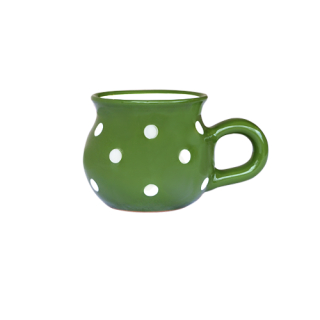 Kleine bauchige Tasse mit Henkel Keramik Handbemalt Grün mit weißen Punkten 0,22l