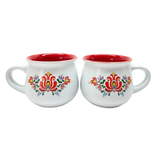 Ovaler Keramik Trinktopf mit Dekor Blume innen Rot