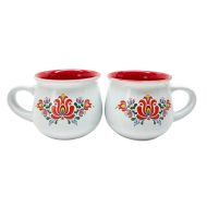 Ovaler Keramik Trinktopf mit Dekor Blume innen Rot